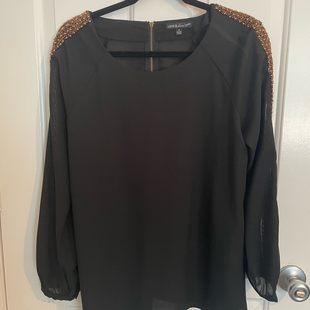 Love&Love black long sleeve blouse with gold sleeve detailing